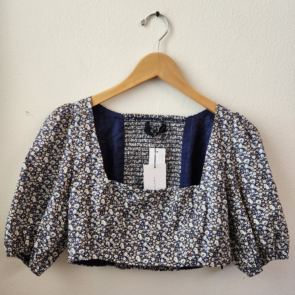 Anthropologie O.P.T. OnePrettyTime Crop Top Smocked Blue Floral Medium NWT